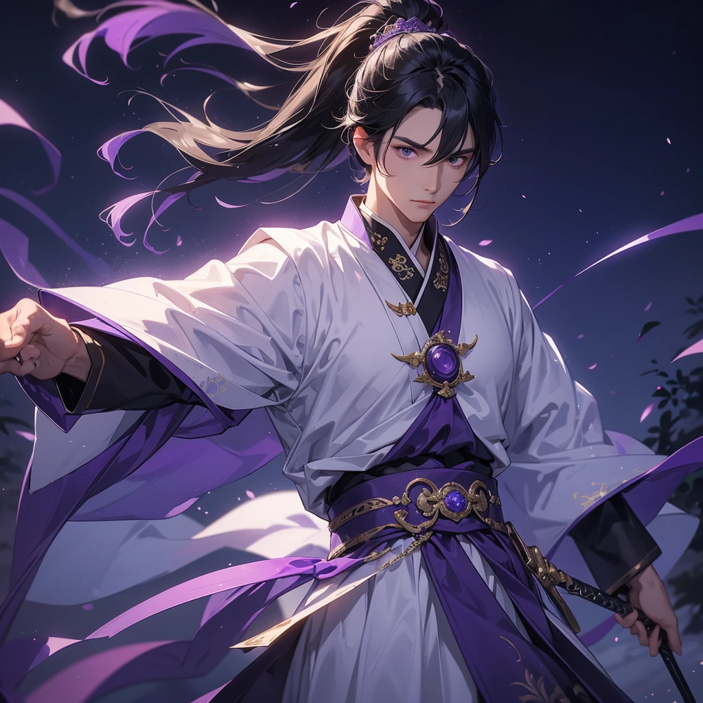 A Handsome black-hair male holding a large sword in white-purple ancient chinese costume, Background is a dark moonless night, with dry trees in the background, and purple glowing light,close up.