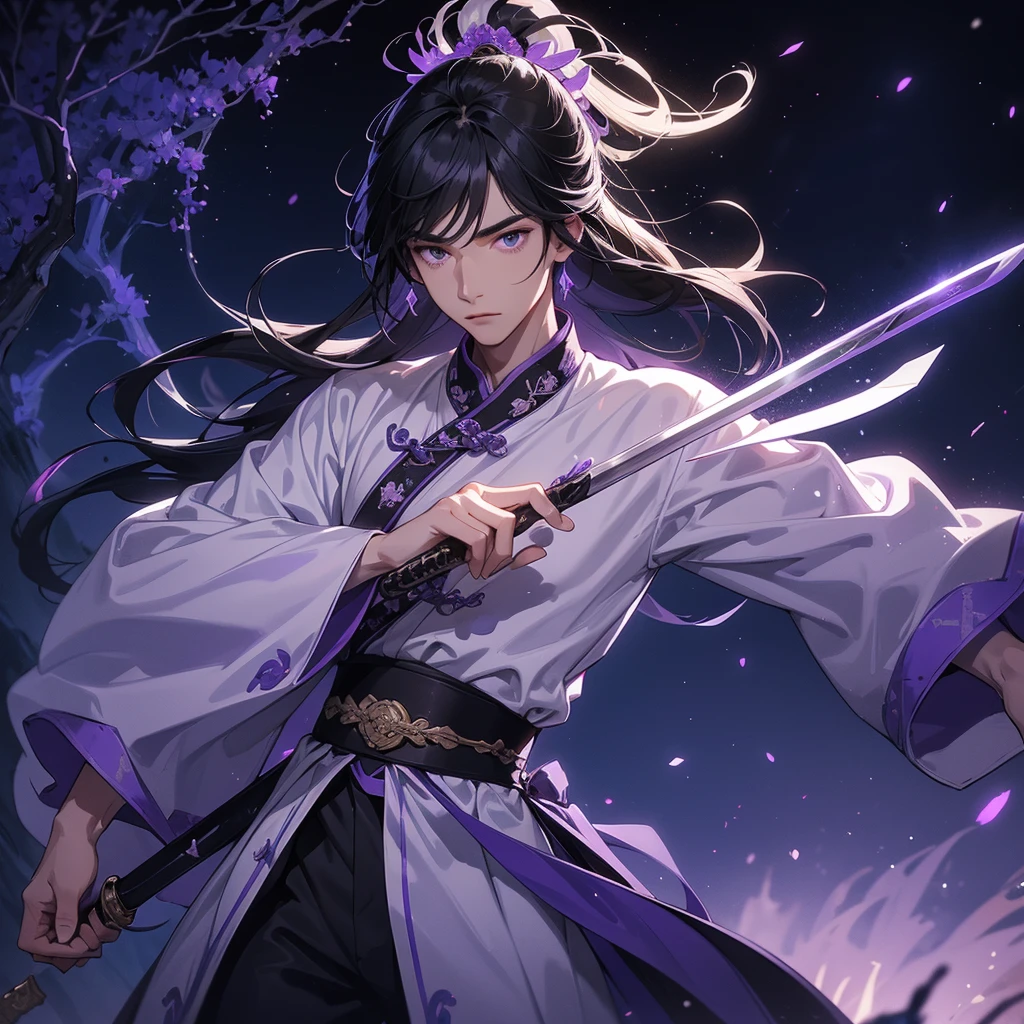 A Handsome black-hair male holding a large sword in white-purple ancient chinese costume, Background is a dark moonless night, with dry trees in the background, and purple glowing light,close up.