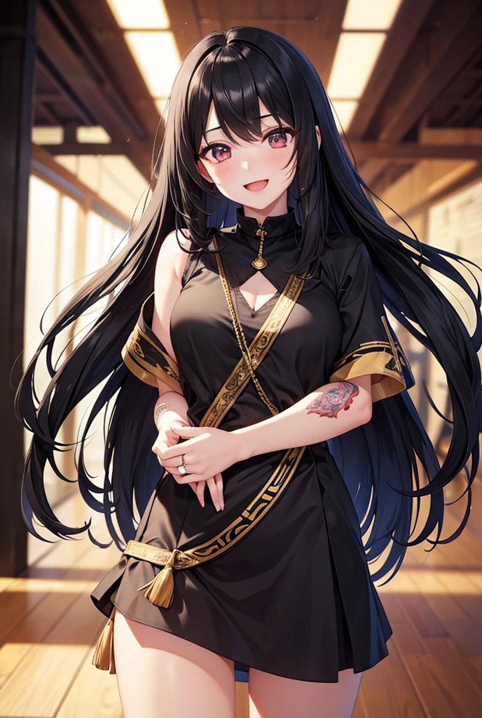 High resolution, masterpiece, Highest quality, Beautiful girl，smile, Black Hair, Long Hair，Background blur, Hanging eyes，Open your mouth a little, Tattoo
