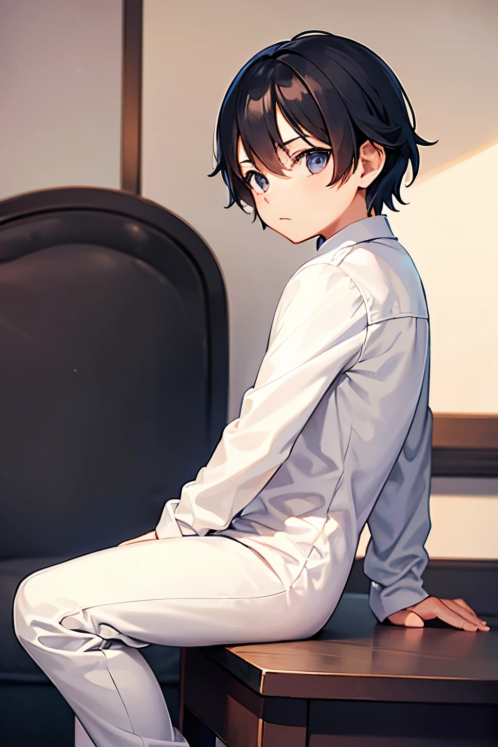 a boy sitting in a bedroom, wearing a white sleeve shirt and black long underwear, viewed from the side,
