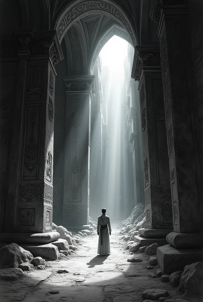 Perspective drawing of looking up from inside a tomb, from where a ray of light is coming down on us make it one point perspective, looking up in the sky. I am looking at the sky