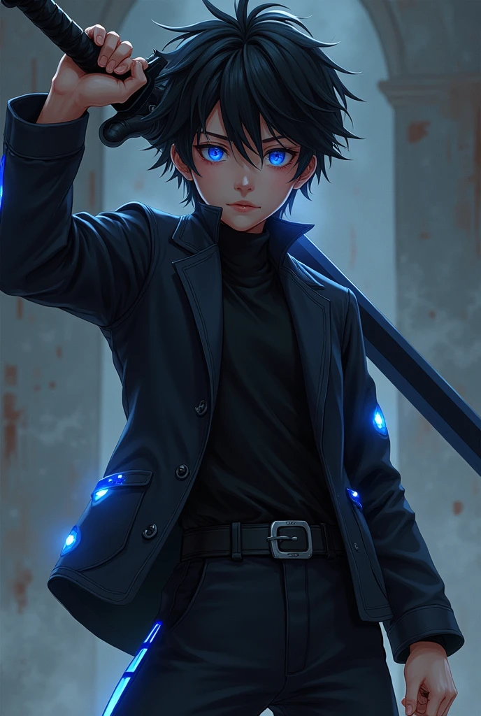 Boy with star eyes black pants,wield one pure void black sword,black hair
Black jacket with blue chroma stripe on left and right arm
