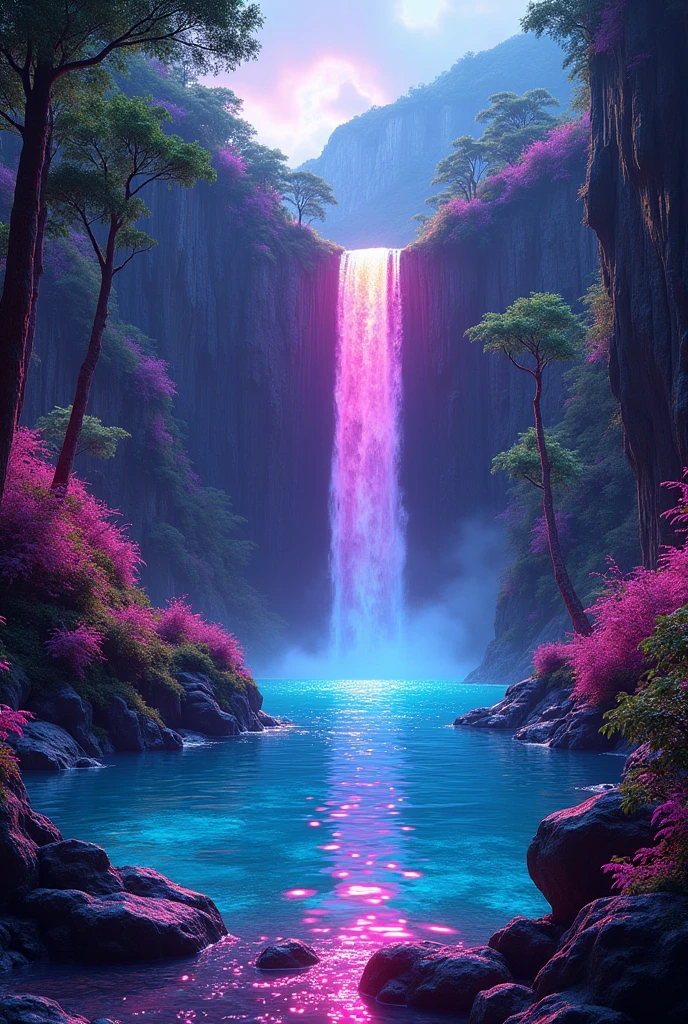 In neon colors, Outside wilderness, waterfall, shiny oasis, complete image in neon style