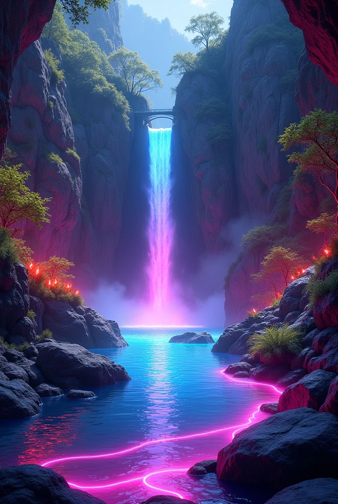 In neon colors, Outside wilderness, waterfall, shiny oasis, complete image in neon style