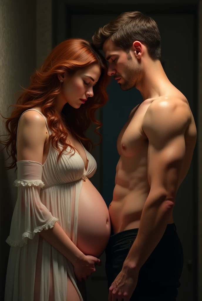 Chestnut woman, pregnant, very beautiful and naked, standing in front of her boyfriend who is serious and shirtless. he very attractive. They are in a room. she sad and crying