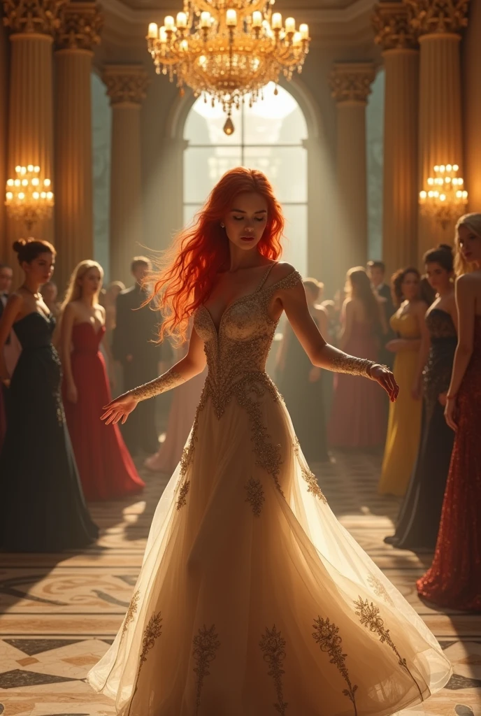 A red-haired princess inside a palace in a waltz looking sadly at the guests