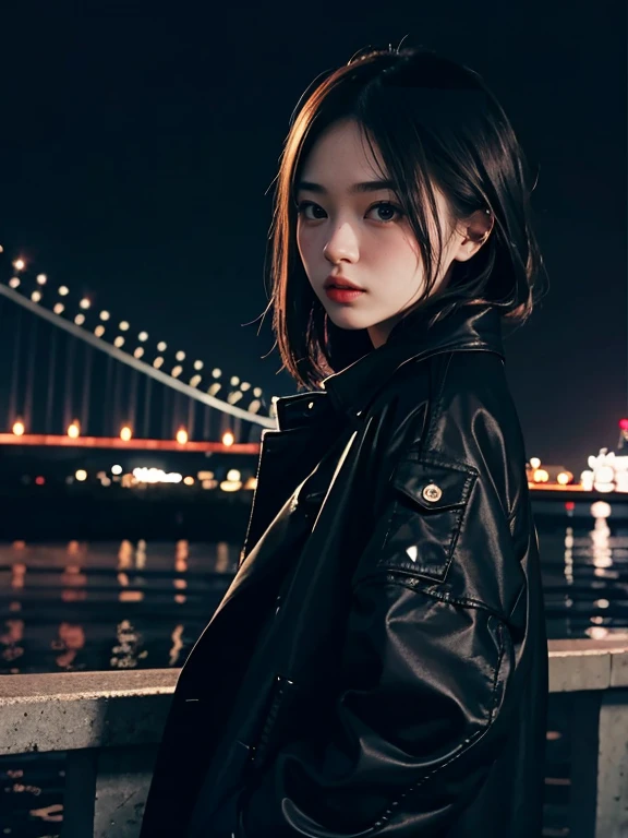 Crowds at night。With a girl in a black jacket and denim、Two shots of men in suits。