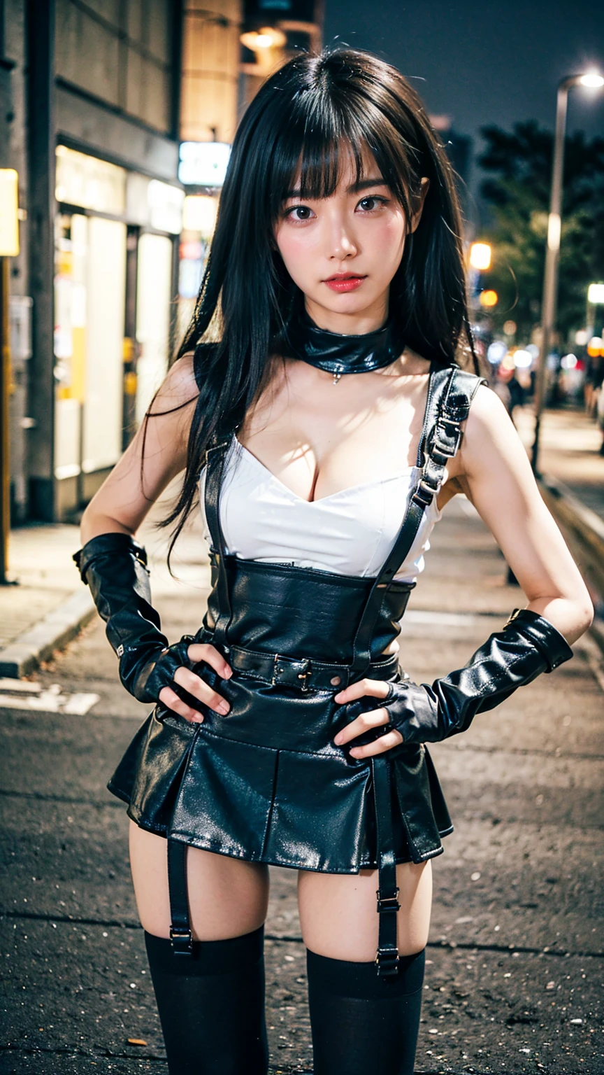 (8k、RAW Photos、Highest quality、masterpiece:1.2)、(Realistic、Realistic)、1 person、((black and white、Cleavage、tights、Gloves、Garter Ring、mini skirt、Thin legs、whole body、boots、View from the front、Looking into the camera、Night Park、Stand with hands on hips))、cute