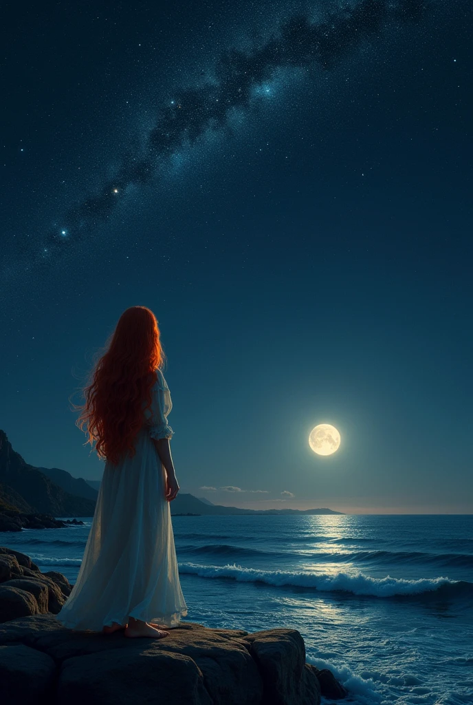 Starry sky, night, sea, red hair, wavy, long, back view, woman, sparkling