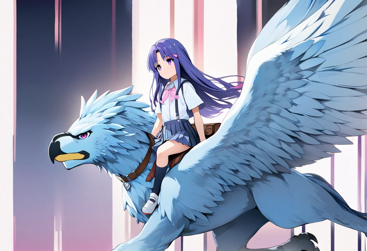 (griffin), ((Riding Griffin)), (Rika Furude), woman, alone, Long Hair, Blue Hair, Purple eyes, school uniform, Pink ribbon, Collared shirt, Pleated skirt, suspenders, Flat Chest, full body