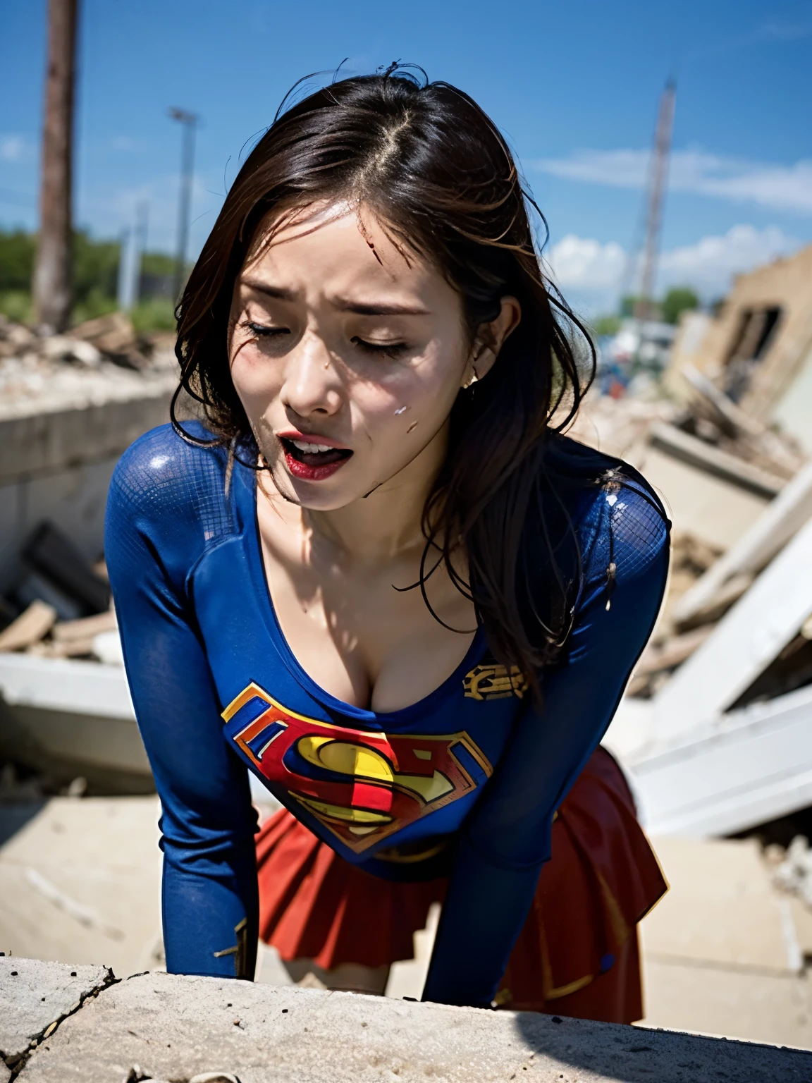 ​masterpiece、Short-haired Supergirl lying in the rubble、large full breasts、Looking at the camera、Glossy costume、exhaustion、wounded、Mud stains、Covered in mud、Exhausted、cum on、Bukkake、MuCoi、mush、seduces、