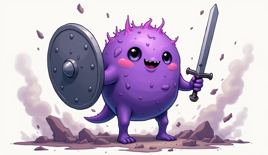 ((Highest quality)), ((masterpiece)), (detailed),A gel-like, disintegrating creature、Purple、No limbs、Holding a metal hero&#39;s shield in one hand and a metal hero&#39;s sword in the other、Her face is cute、One person、Gender: Male、Anime Style、Hand-drawn drawing、Facing forward、
