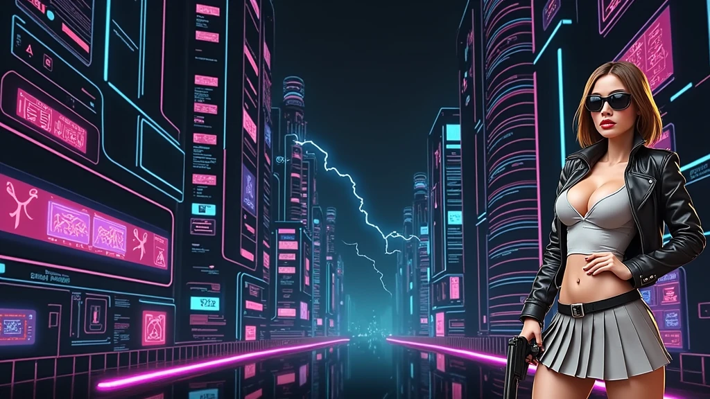 Futuristic cityscapes with colorful all-glass outlined towering skyscrapers with lightning, flying vehicle. High-resolution OLED GUI interfaces in the building, The windows are filled with transparent data visualization infographics that show it all, ancient Egyptian fantasy arts, ancient Egyptian statue, (ancient Egyptian hieroglyphics). Colors are saturated and vibrant. At night, (1girl, solo, alone), photorealistic, large-breast slim:0.6 body, oval:0.5 face, cleavage:1.1, very low angle view of pleated miniskirt, deep-v, (upskirt), glove, (Matrix style black micro sunglasses), (aiming viewer with a short gun), dynamic running pose, (half-body thigh level close-up shot), cinematic lighting, ray tracing, motion blur background.