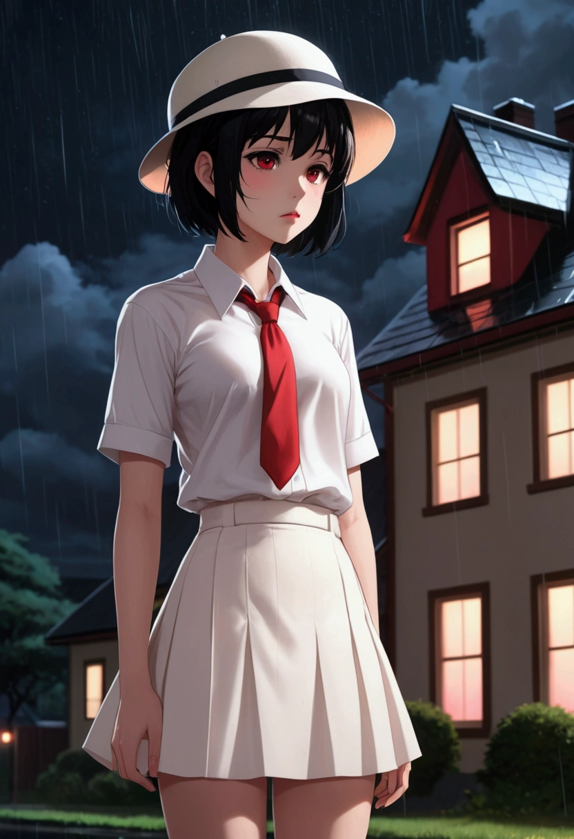 anime girl, short black hair without bangs, black eyes, wearing a white shirt, red tie, white knee-length skirt, wool hat red, blush, a bit sad, it was raining at night, looking at the houses with low lights on