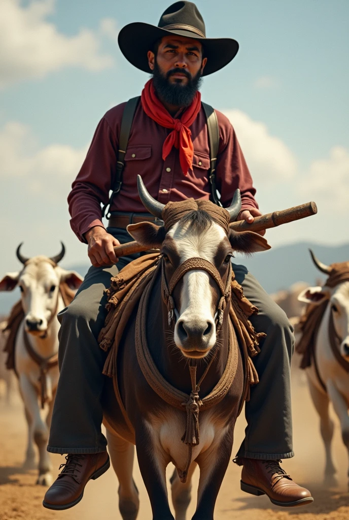 Typical Brazilian from the first half of the 20th century,drover riding a pack mule with saddlebags,playing white nelore cattle, wearing black curved wide brim hat, red silk scarf knotted around the neck, wine colored shirt, guaiaca with paired knife from Sorocaba, handmade wooden handle, playing loud, wearing gray wide-leg pants,brown russilhona ankle boot.