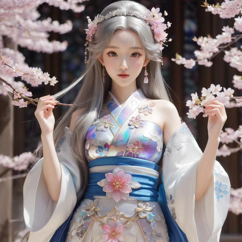 9:16。 The generated person is arranged vertically from head to chest.。Nordic women。cute。cute。Beauty。8 heads。A mix of realism and animation。Fair skin。Long hair。Her hair is shiny and silver.。Beautiful jewels and flower hair ornaments。The costumes are princess-like kimonos and dresses.。She holds a beautiful, shining heart-shaped crystal in front of her chest.。The background is covered with glittering stained glass and cherry blossoms.。Surrounded by flowers of a color similar to the color of her eyes。