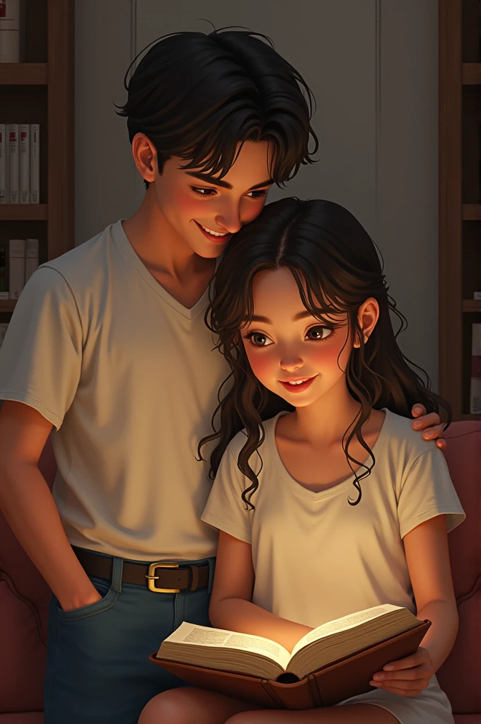 One girl' reading a book and boy looking her smiley and boy hand in her forehead and one hand in pocket