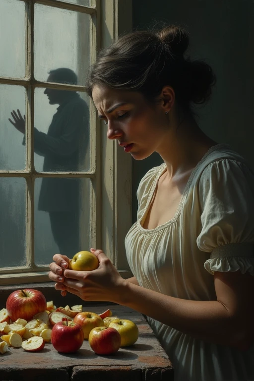 Classical painting of a mourning woman crying and peeling apples, looking out window, gloomy, painful, dramatic, her husbands ghost is reaching for her lovingly