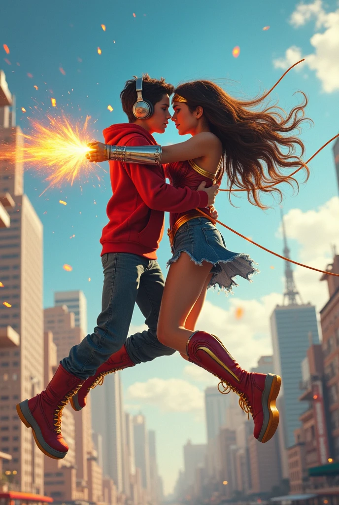 Young kid with red hoodie, headphones, rocket boots, & Capitana Marvel (Big tits & perfect body), Busty, fighting, power, fiction, full body, 2 persons, magic fire lasso, hight, fall, fire in boots, poweful spells, realistic, gun, flying in the sky, love, passion, kissing, Romance, kiss on the mouth, tongue kiss, kiss on the breasts, city, happy, blue sky, She Sitting on her legs, passionate, looking at camera