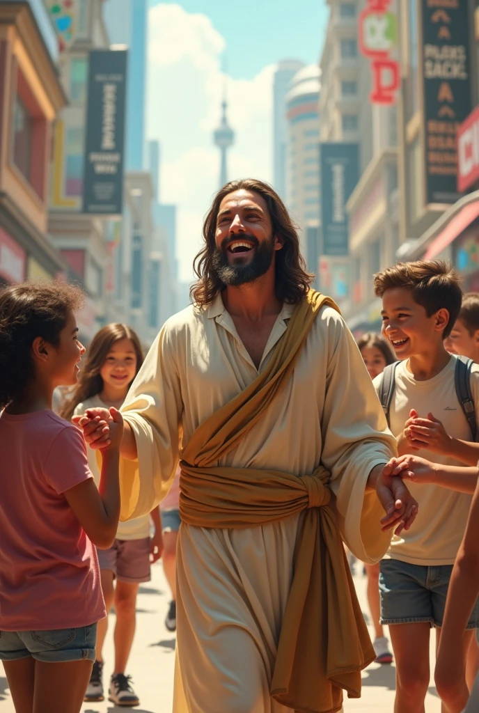 Image of Jesus laughing while shopping in a mall with children in a capital city