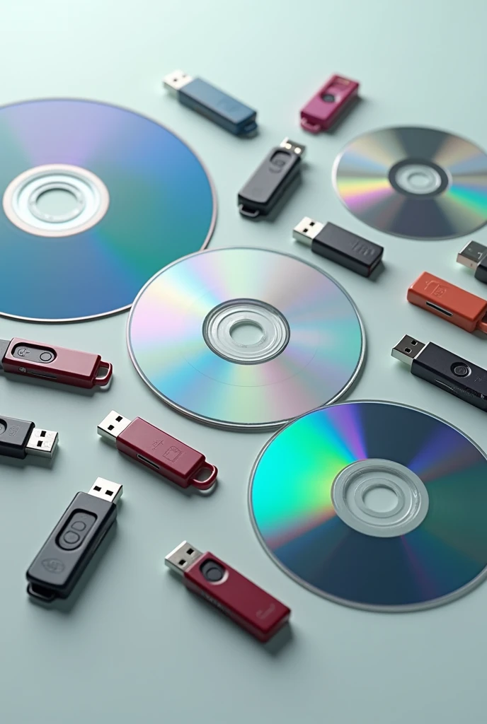 an image that contains multiple media objects such as CDs and DVDs and flash drives. CDs and DVDs I want a more realistic
