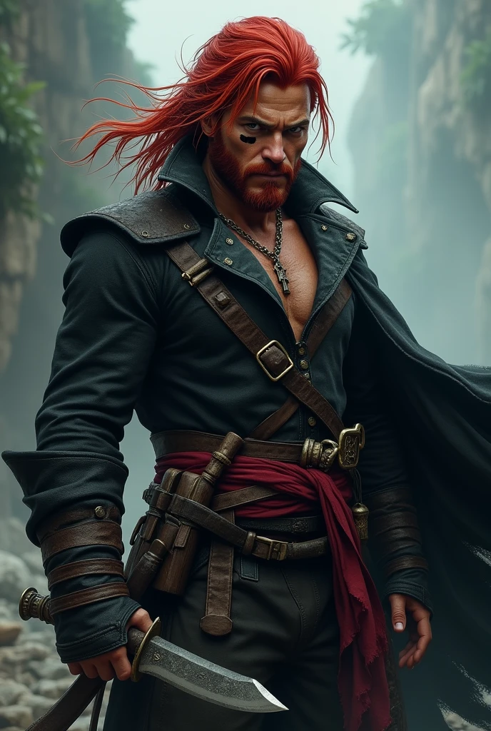 male、Red hair、Right shoulder and wrist、Three scars on the eye、pirate、Red Ambition、knife、Black Cape