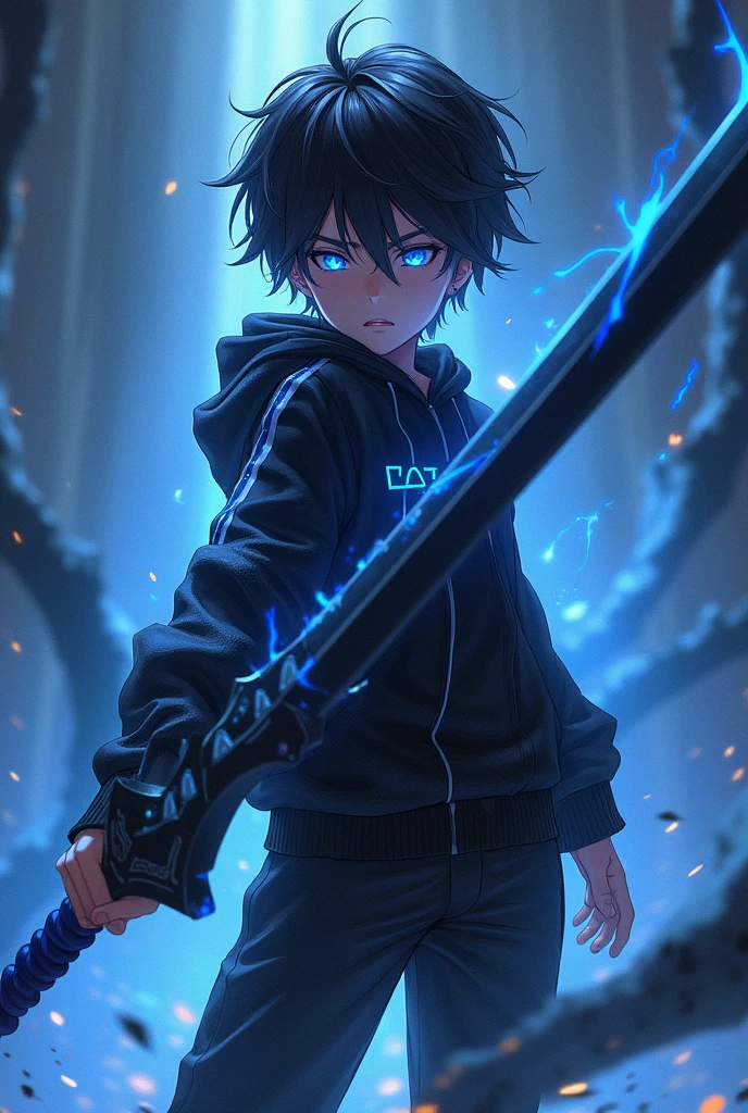 Boy with star eyes black pants,wield one pure void black sword,black hair
Black jacket with blue chroma stripe on left and right arm,void aura