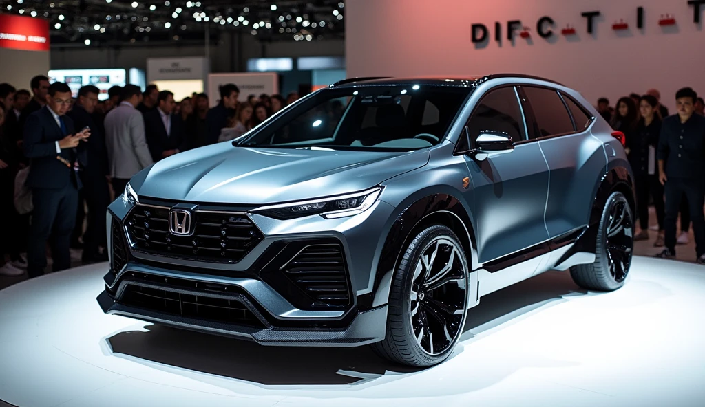 a Honda CRV mixed with bugati divo 2020, modern design, in a showroom with a lots people