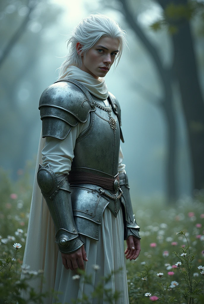 
 pale skin, deep ice blue eyes, and hair silver like the full moon. He is tall and slender. And a young man in light medieval armor.
