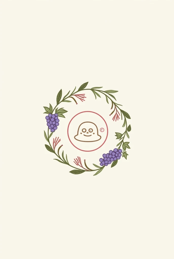 Create a circular logo that represents something small and tiny with white and beige colors, surrounded by plants and purple grapes, more aesthetic, more like a logo, more detailed and creative add pink