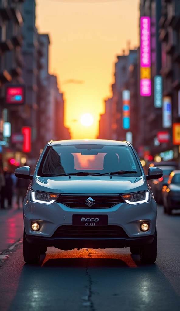 Maruti suzuki eeco car at the street in evening and sunlight behind the car neon lights cinematic look 