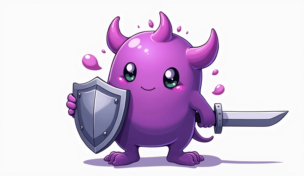 ((Highest quality)), ((masterpiece)), (detailed),A gel-like, disintegrating creature、Purple、Holding a metal hero's shield in one hand and a metal hero's sword in the other、Her face is cute、One person、Gender: Male、Anime Style、Hand-drawn drawing、Facing forward、