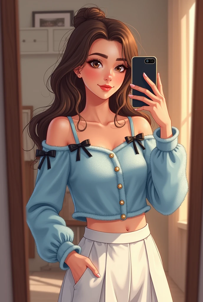 Create an illustration of a young woman with a stylish and modern appearance, standing in a cozy, warmly-lit indoor setting, such as a bedroom or a dressing room. The woman is taking a mirror selfie with her smartphone, capturing a confident and poised expression. She has long, soft brown hair styled in loose waves, which cascades down her back, with some hair gently tucked behind her ear. Her eyes are large and expressive, with a hint of subtle makeup accentuating her natural beauty.
The character is dressed in a trendy, pastel blue cropped cardigan with off-shoulder straps, revealing her shoulders and collarbone. The cardigan is made of a soft, fuzzy material, adding a cozy, inviting texture. The sleeves are detailed with delicate black ribbon bows along the forearms, adding a feminine touch. The cardigan is buttoned up with small, pearl-like buttons that catch the light, and the hemline is slightly asymmetrical, giving it a chic, modern look.
She pairs the cardigan with a high-waisted, pleated white skirt that flares out slightly, emphasizing her slender waist and creating a balanced, elegant silhouette. Her pose is relaxed yet confident, with one hand holding the smartphone up to capture the photo while the other lightly touches her hair or rests on her hip.
The background of the image should be neutral and uncluttered, with perhaps a glimpse of a wooden door or a softly lit vanity mirror, allowing the focus to remain on the character and her stylish outfit. The lighting is soft and flattering, casting a warm glow that enhances the cozy, intimate atmosphere of the scene. The overall composition should exude a sense of modern fashion and self-assured femininity, with attention to the details of her outfit and pose.