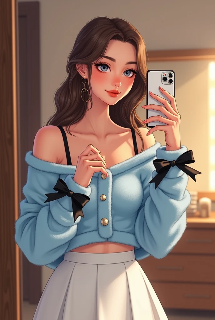 Create an illustration of a young woman with a stylish and modern appearance, standing in a cozy, warmly-lit indoor setting, such as a bedroom or a dressing room. The woman is taking a mirror selfie with her smartphone, capturing a confident and poised expression. She has long, soft brown hair styled in loose waves, which cascades down her back, with some hair gently tucked behind her ear. Her eyes are large and expressive, with a hint of subtle makeup accentuating her natural beauty.
The character is dressed in a trendy, pastel blue cropped cardigan with off-shoulder straps, revealing her shoulders and collarbone. The cardigan is made of a soft, fuzzy material, adding a cozy, inviting texture. The sleeves are detailed with delicate black ribbon bows along the forearms, adding a feminine touch. The cardigan is buttoned up with small, pearl-like buttons that catch the light, and the hemline is slightly asymmetrical, giving it a chic, modern look.
She pairs the cardigan with a high-waisted, pleated white skirt that flares out slightly, emphasizing her slender waist and creating a balanced, elegant silhouette. Her pose is relaxed yet confident, with one hand holding the smartphone up to capture the photo while the other lightly touches her hair or rests on her hip.
The background of the image should be neutral and uncluttered, with perhaps a glimpse of a wooden door or a softly lit vanity mirror, allowing the focus to remain on the character and her stylish outfit. The lighting is soft and flattering, casting a warm glow that enhances the cozy, intimate atmosphere of the scene. The overall composition should exude a sense of modern fashion and self-assured femininity, with attention to the details of her outfit and pose.