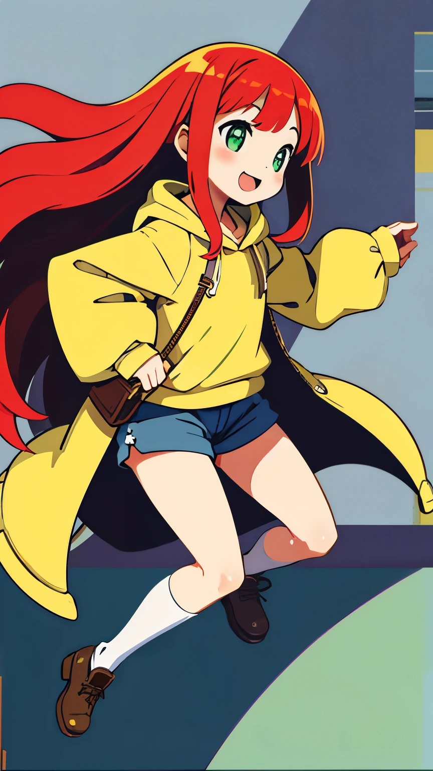 Child, young, baby face, chubby cheeks, smiling, slanted eyes, slightly open mouth, flushed cheeks, smooth bangs, smooth long hair, straight hair, small stray hairs, long sideburns, light red hair, yellow-green eyes, white pupils, slightly pale skin, baggy hoodie, yellow hoodie, green shorts, brown leather boots, navy blue knee-high socks, shoulder bag