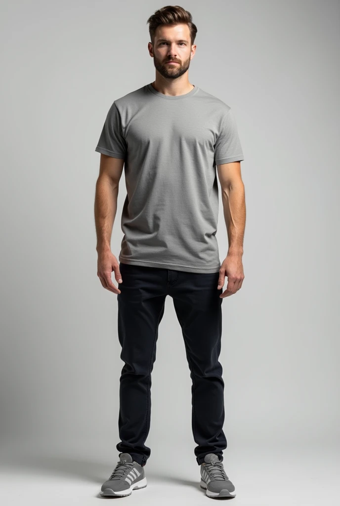 a man standing with a gray t-shirt mockup