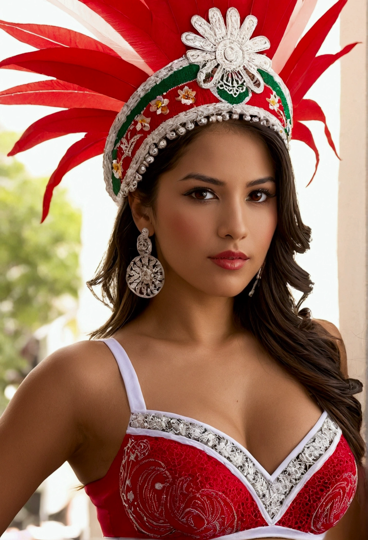 Eiza Gonzalez dressed in sexy traditional Mexican clothing with painted lips and smiling