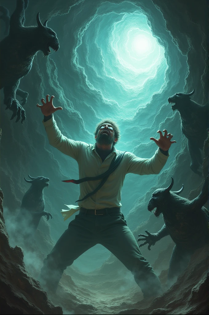 The man trying to escape to another dimension but the demons are pulling him back
