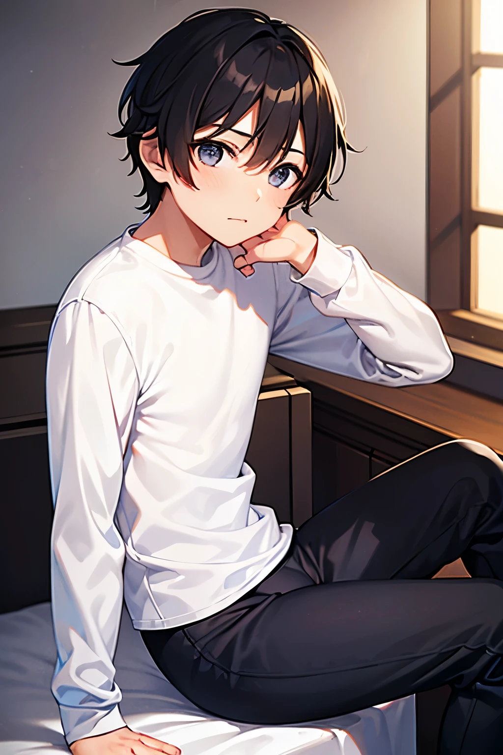 a boy sitting in a bedroom, wearing a white sleeve shirt and black long underwear, viewed from the side,