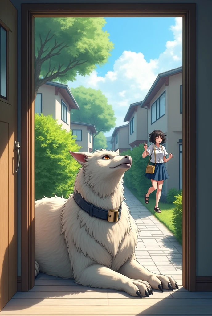 A collared griffin rests comfortably in the entrance of a house in a modern Japanese residential area., A high school girl goes out with enthusiasm, Realistic, peace,
