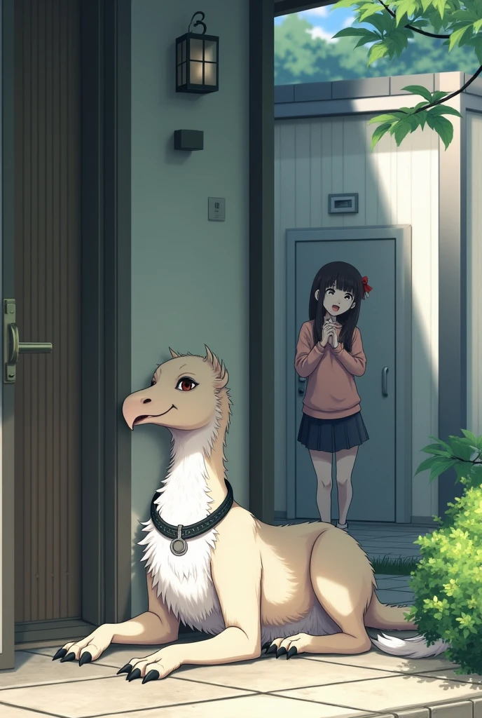 A collared griffin rests comfortably in the entrance of a house in a modern Japanese residential area., A high school girl goes out with enthusiasm, Realistic, peace, 