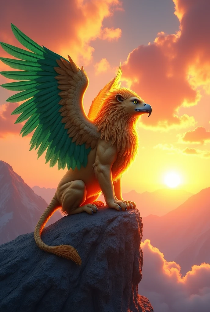 Majestic Griffin (lion Body, eagle head) on a Sunlit Mountain Peak: A griffin with golden feathers and emerald green wings perches on the edge of a mountain peak, bathed in the warm hues of a sunset. The sky behind is a swirl of vibrant oranges, pinks, and purples, with clouds glowing like cotton candy.
