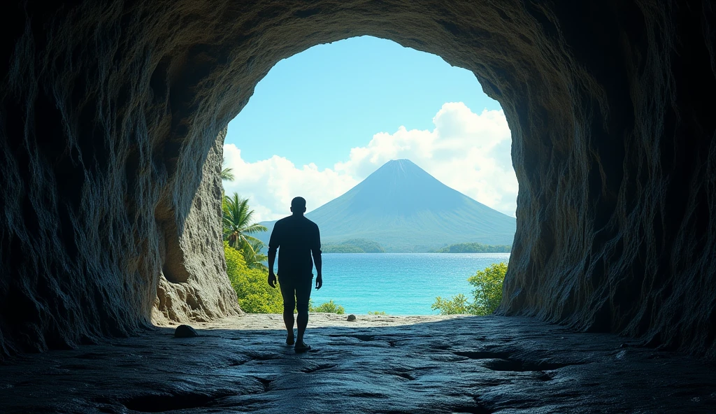 Draw a picture showing a man walking alone into a large tunnel. He walks into the tunnel, not facing away from the camera. His face is visible clearly and in great detail. The end of the tunnel shows a view of the ancient village of Ternate, North Maluku, Indonesia with the ocean and Mount Ternate. Emphasize the contrast between the dark, rough ground of the tunnel and the bright landscape.