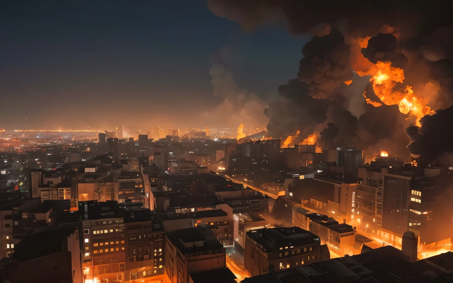 A burning city.
Looking down diagonally from above.