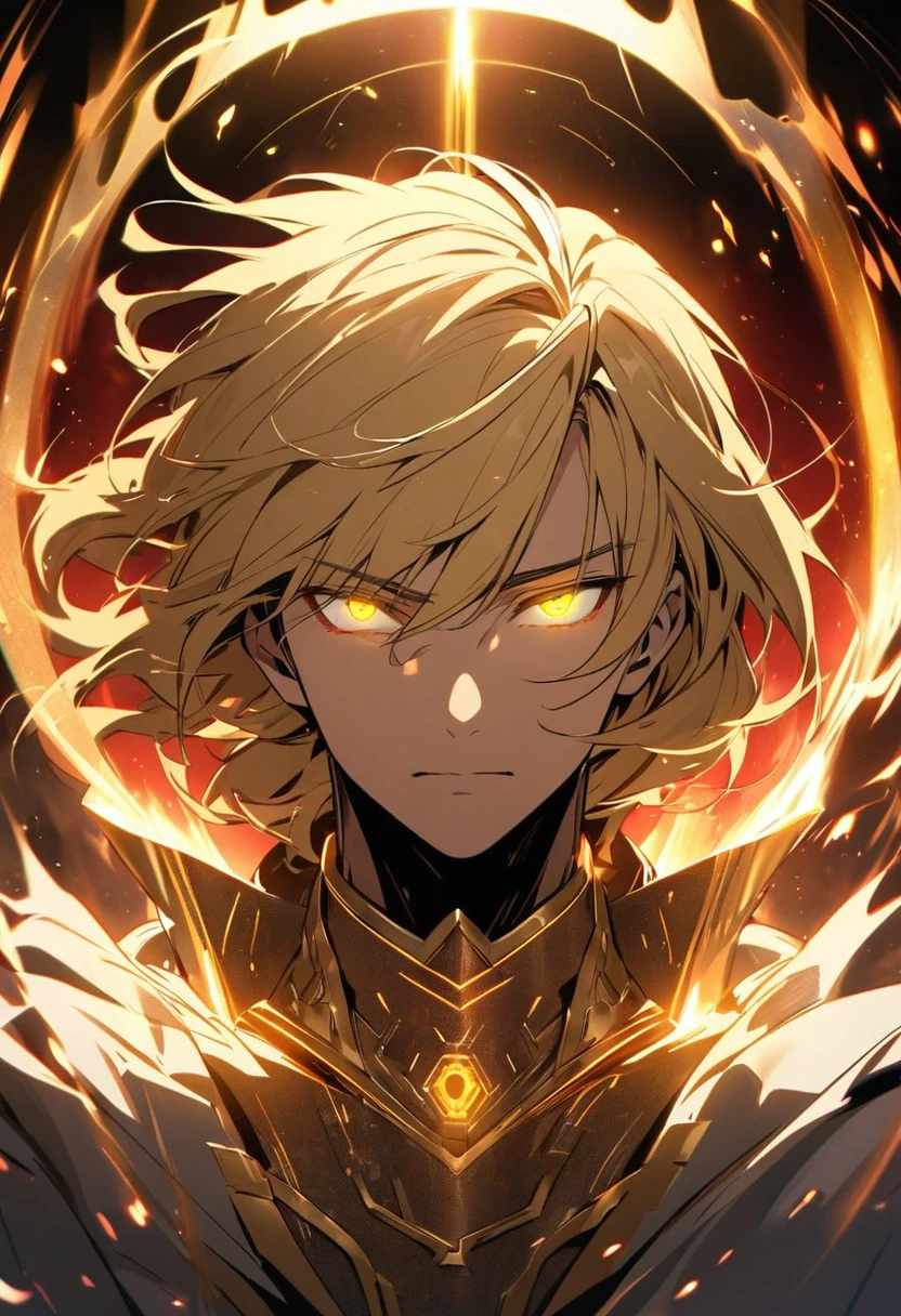male, solo, handsome, blond hair, god, god eyes, glowing eyes, light, aura, holo, golden, face close