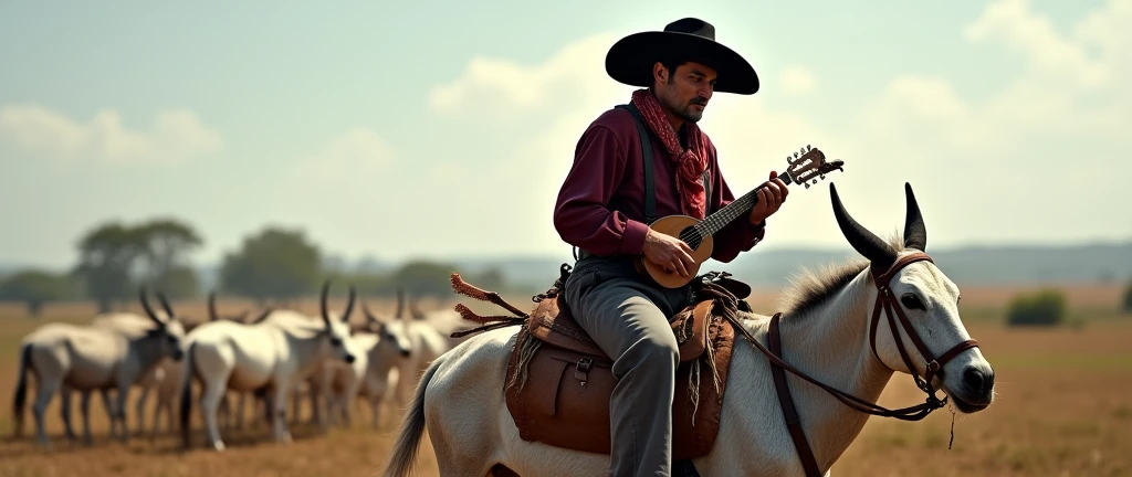 Typical Brazilian from the first half of the 20th century,drover riding a pack mule with saddlebags,playing white nelore cattle, wearing black curved wide brim hat, red silk scarf knotted around the neck, wine colored shirt, guaiaca with paired knife from Sorocaba, handmade wooden handle, playing loud, wearing gray wide-leg pants,brown russilhona ankle boot.