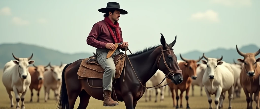Typical Brazilian from the first half of the 20th century,drover riding a pack mule with saddlebags,playing white nelore cattle, wearing black curved wide brim hat, red silk scarf knotted around the neck, wine colored shirt, guaiaca with paired knife from Sorocaba, handmade wooden handle, playing loud, wearing gray wide-leg pants,brown russilhona ankle boot.