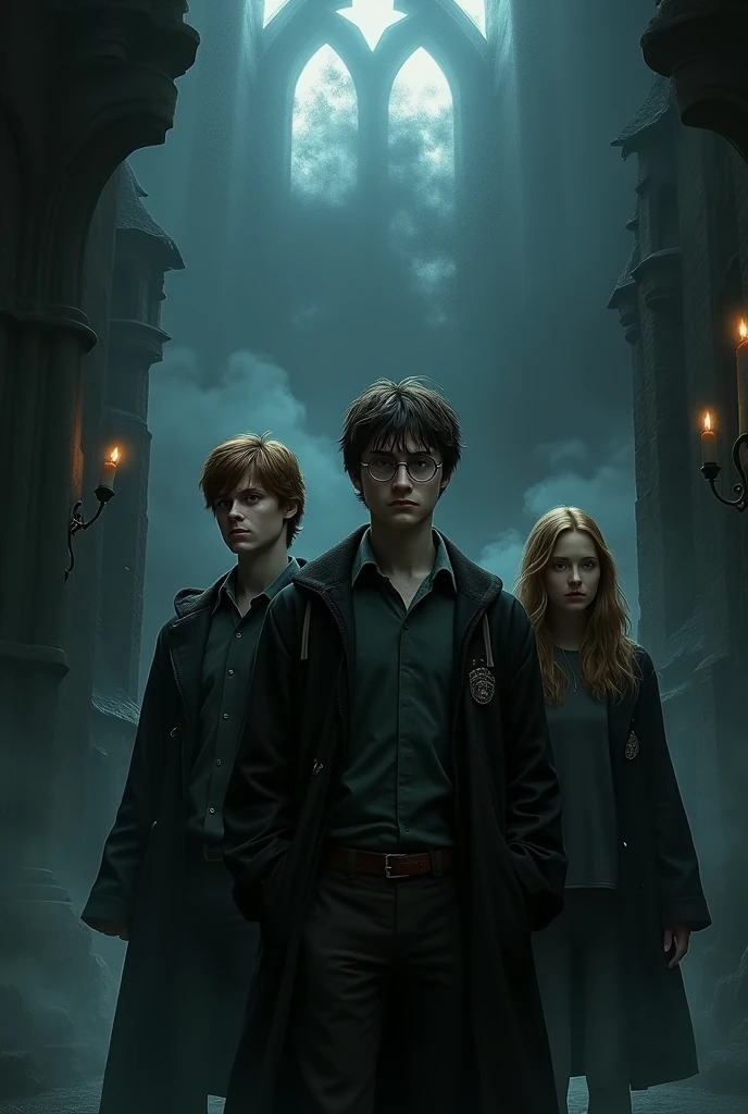 an image of harry potter in dark theme with his friends