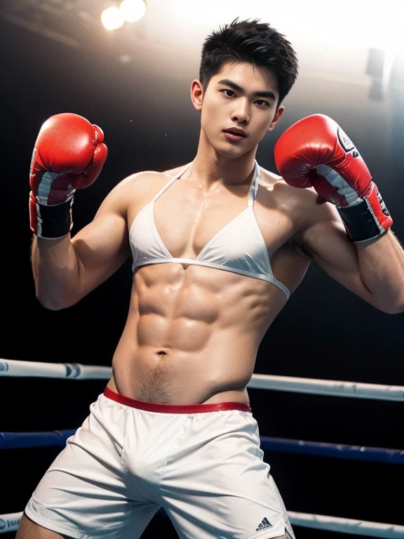 Create a realistic 64k photo of a Thai male teenager, handsome, strong, well-proportioned, with a six-pack, and tanned skin.((( Wear a white bikini)))),crotch tung,Put on boxing gloves and stand on the boxing ring.