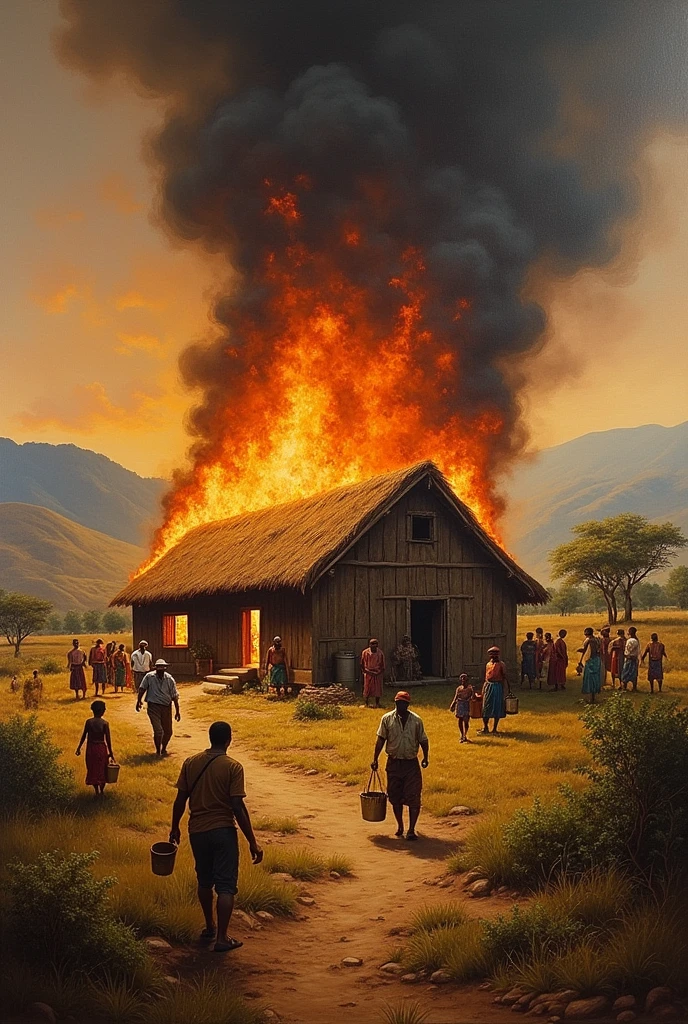 A portrait of an African farm on fire with people trying stop the fire

